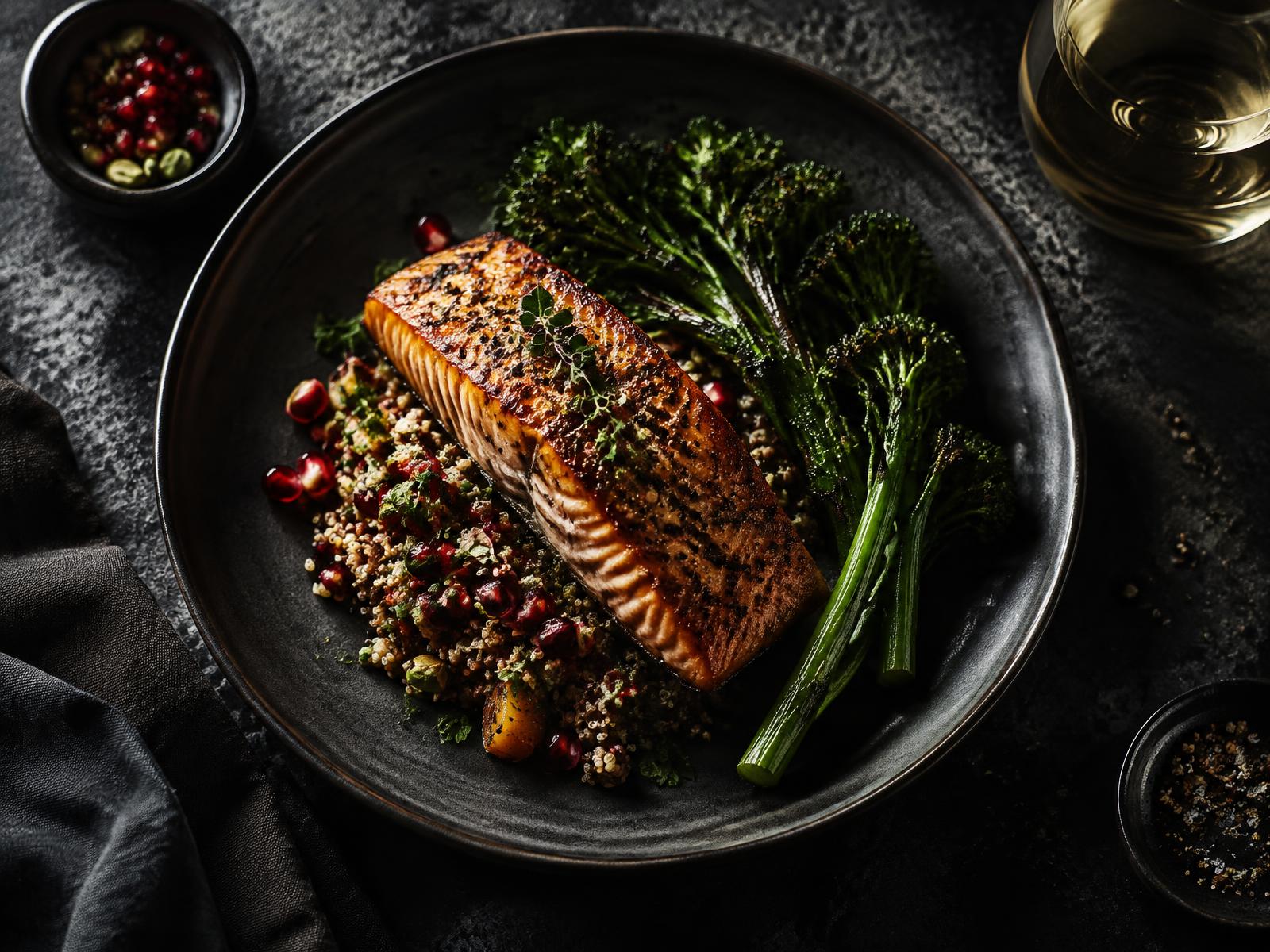 Roasted salmon with grains and broccolini by Table Fifteen